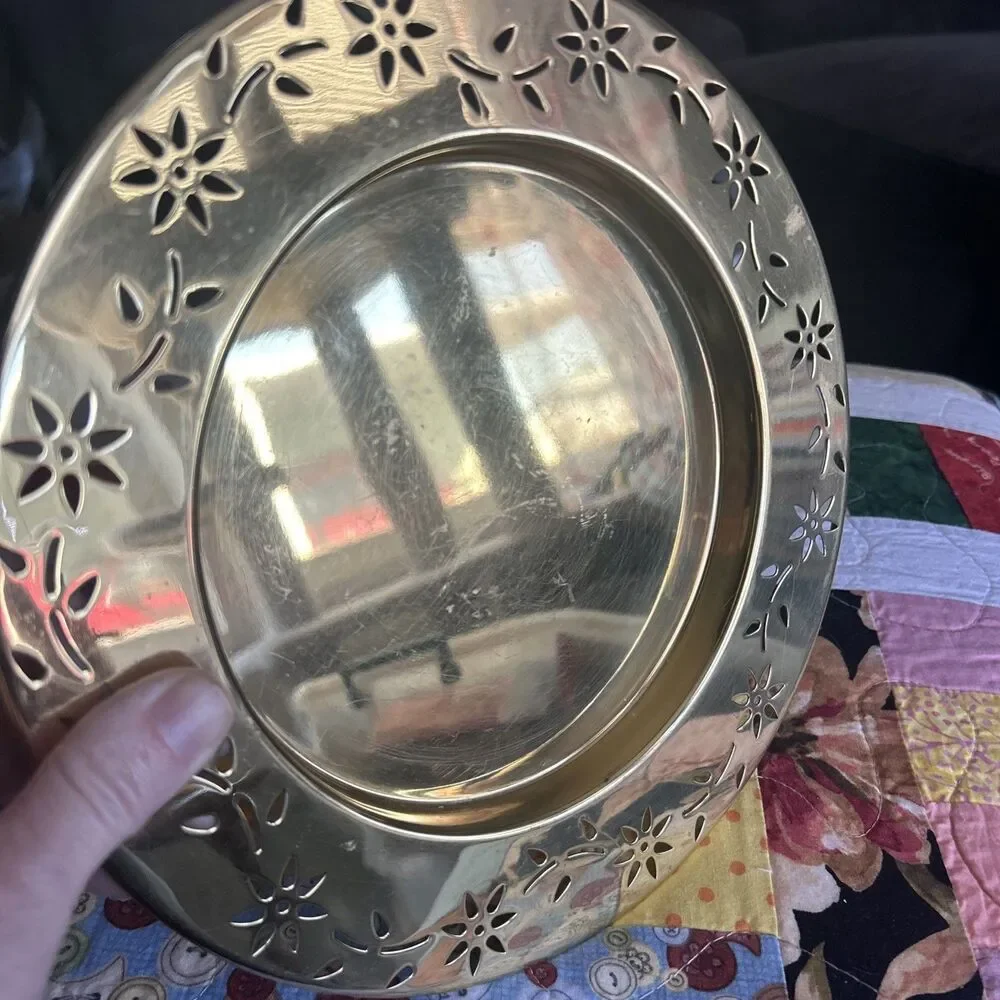 PartyLite 3 Wick Pillar Brass Gold Tone Candle Holder Tray Floral Rim 9 Inch